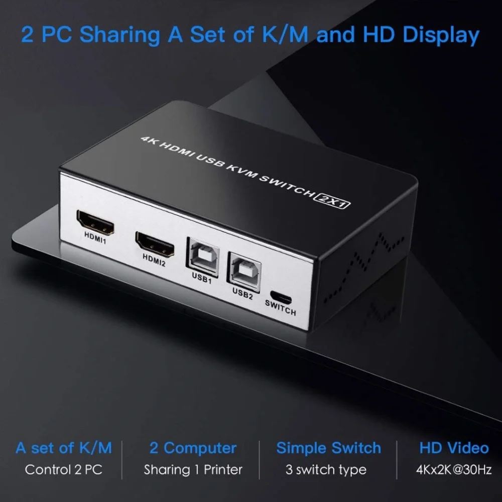 4K 2X1 HDMI USB KVM Switch 2 Port HDMI KVM Selector for 2 Computer Sharing New